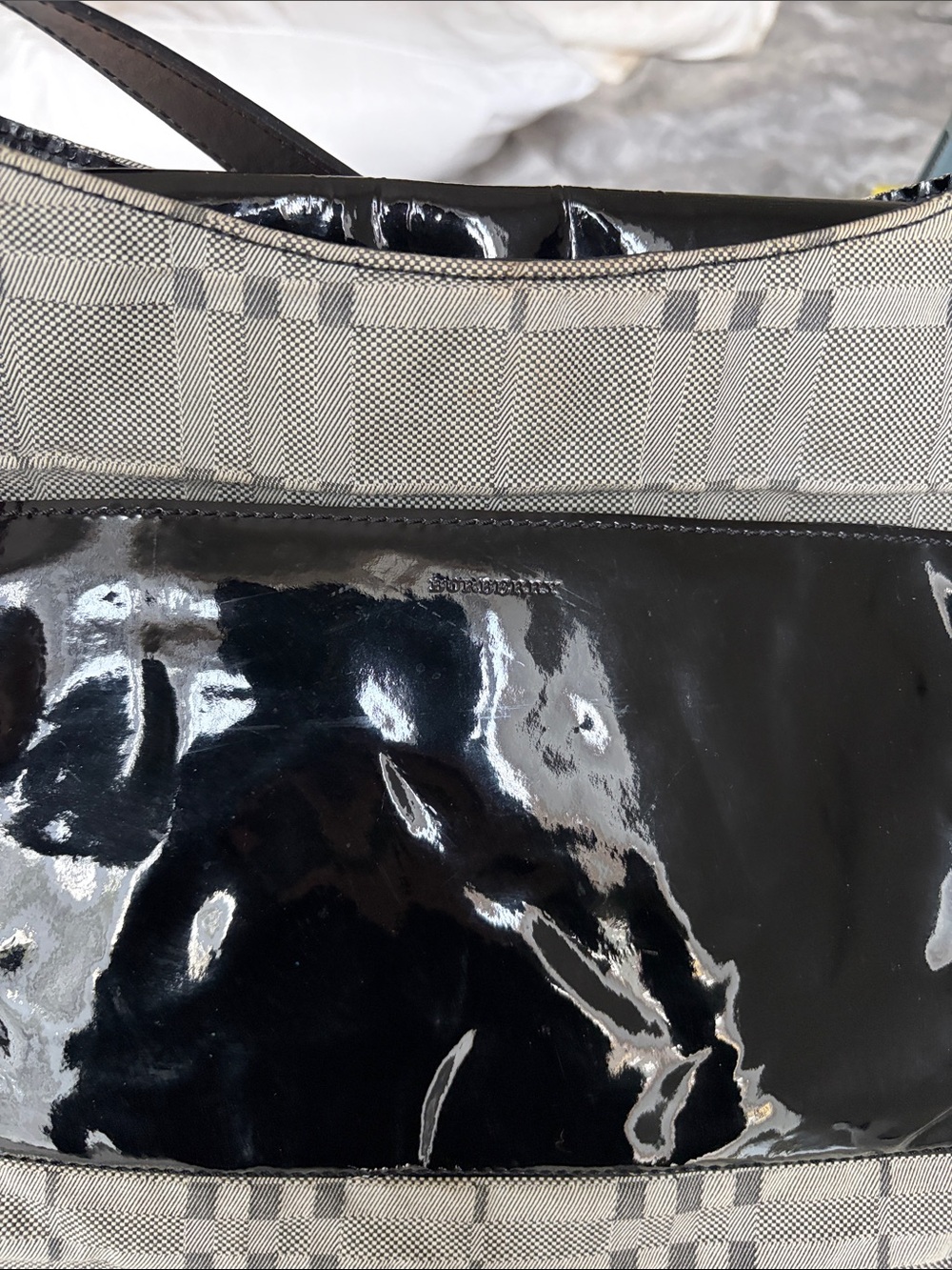 Burberry Black Patent & Check Canvas Shoulder Bag